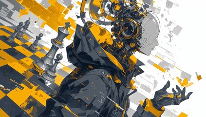 A digital art piece combining the themes of chess and artificial intelligence, featuring an AI robot head as part of its design. 