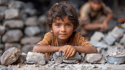 A little boy stands tired after a hard day of work, leaning on a pile of stones. Child labor in poor countries