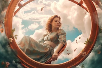 A beautiful angelic woman in white silky dress sitting on fluffy cloud with holy wheel floating on cloudy sky. Fantasy and heaven art concept. Generative AI.