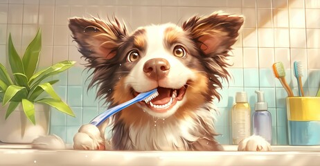 A dog holding a toothbrush in its mouth near a bathroom sink. Cute red and white border collie with brown ears standing on the edge of a bathtub - obrazy, fototapety, plakaty