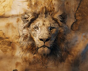 Craft a striking image of a majestic lion in a frontal view, showcasing intricate golden linework to highlight its regal aura Traditional Art Medium, realistic rendering, majestic