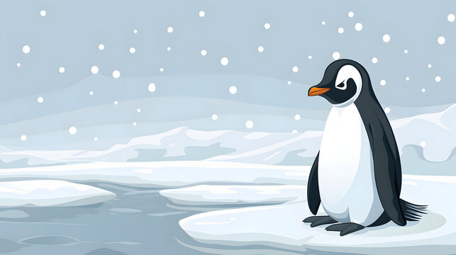 Cute Pinguin illustration, Penguin sitting on ice in cold polar winter, Carton art