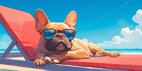 A French Bulldog wearing sunglasses lounging on the beach in summer, sitting on an outdoor sunbed with its paws hanging off of it's side and smiling for camera.