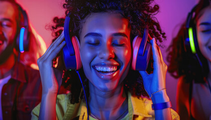 A young woman female listening music with headphones