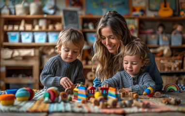 Woman and two children playing with toys. Generative AI