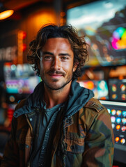 Man with long hair and beard at casino machine. Generative AI