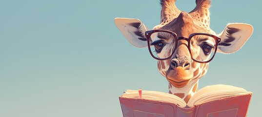 A giraffe with glasses reading an open book on pastel background, copy space concept. 