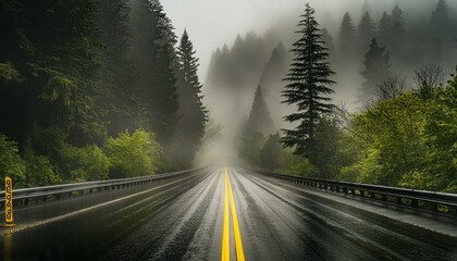 American road in the forest in rainy day with fog