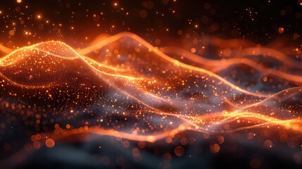 3D rendering of abstract particles wave. Futuristic background with bokeh defocused lights and stars