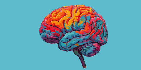 Human brain painted in different colors on blue background, concept of neurodiversity and mental problems