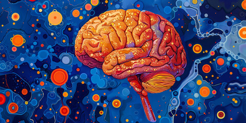 Human brain on a bright blue background, concept of neurodiversity and mental problems, banner - obrazy, fototapety, plakaty