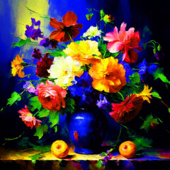 floral mixed media artwork a still life envision an oil painting that portrays a still life arrangement vase - obrazy, fototapety, plakaty