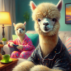 Fototapeta premium Portrait of a llama. Painting on canvas.