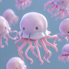 A bunch of pink octopi are floating in the air. The octopi are all different sizes and are scattered throughout the image. Scene is playful and whimsical. Generative AI