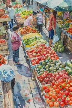 Craft a stunning watercolor painting of a bustling farmers market from a high-angle view, capturing the vibrant colors of fresh produce and lively interactions between vendors and shoppers Emphasize t