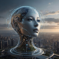 neuro nerve artificial intelligence hologram robot head in city building doing announcement