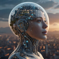 neuro nerve artificial intelligence robot woman human face skin and city building background