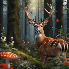realistic portrait of a deer in a Scandinavian fairytale forest woods with butterflies 