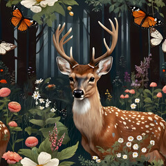 deer in the woods realistic portrait of a deer in a Scandinavian fairytale forest woods with butterflies 
