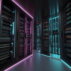 server room rack in a data center with computing servers and network simple with cool lightings