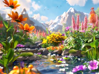Tranquil Blooming GardenFantastical Flower - Beautiful Nature Scene Illustration