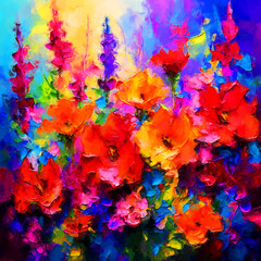 floral mixed media artwork blooming garden imagine a vibrant oil painting that depicts a lush garden filled with various flowers - obrazy, fototapety, plakaty