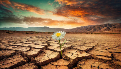 Concetto di resilienza, un fiore cresce nel terreno arido