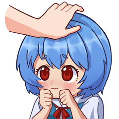 blue hair anime girl in dress shy head pats