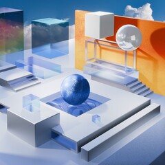 Surreal Blue Sphere Amidst Colorful Geometric Shapes Under Open Sky. 3D rendering