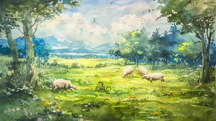  Pastoral watercolor scene with sheep and a shepherd © NIPAPORN