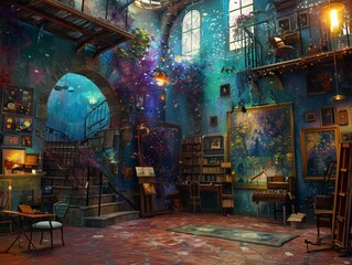 Magical Atelier: Enchanting Artists PaintVibrant Colors in Serene Setting