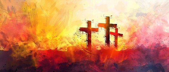 Vibrant Christian crosses against a sunrise watercolor effect - obrazy, fototapety, plakaty