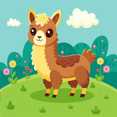 A cute llama stands on a green lawn. Vector illustration.