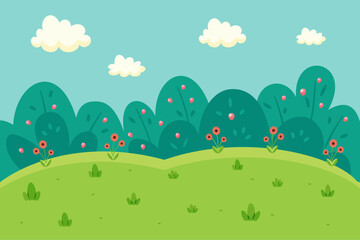 Forest background with green lawn. Grass, bushes, flowers. Vector illustration for design.