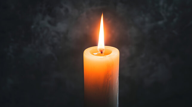 Single white burning candle on black background. Funeral, mourning, memorial service concept