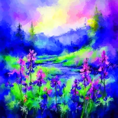 Deurstickers floral mixed media artwork mystical aconite meadow imagine a watercolour painting © Abdur