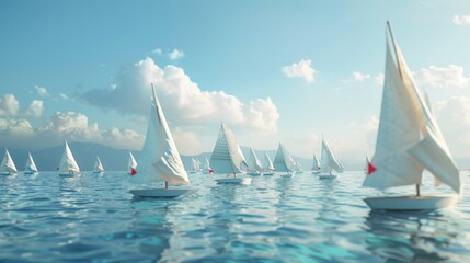 A large group of sailboats are racing across the ocean. - obrazy, fototapety, plakaty