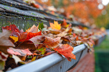Gutter filled with fall leaves, home maintenance, cleaning