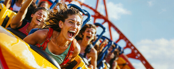 People on a roller coaster thrill ride, theme park, amusement, wide, summer fun, vacation, copyspace