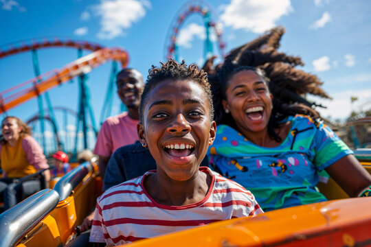 Family on a roller coaster thrill ride, theme park, amusement, summer fun, vacation