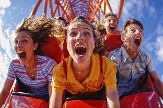 People on a roller coaster thrill ride, theme park, amusement, summer fun, vacation