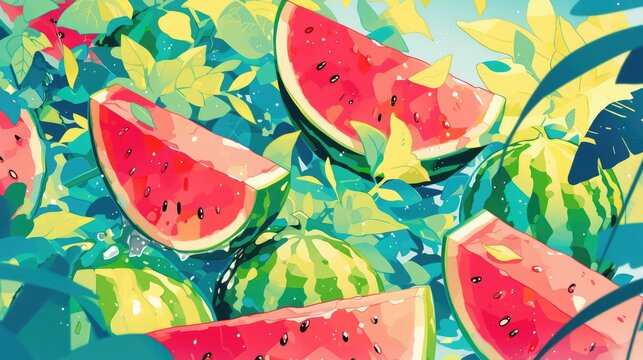 The illustration features a vibrant watermelon image at its core