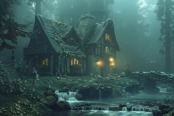 a house with a waterfall in the middle of a forest