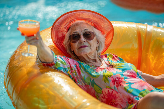 Senior citizen woman holding up a cocktail drink floating on a lazy river ride inner tube at a water park, vacation, tropical, retirement, travel