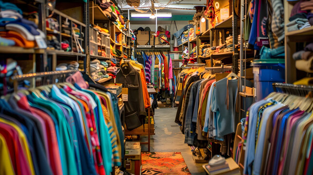 Second hand clothing shop, charity shop or thrift store, which sell second hand, used clothing, accessories, books and household goods