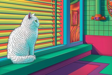 Neon White Cat in a Vibrant Cafe Setting