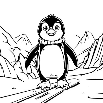 Cute Penguin Skiing outline doodle cartoon illustration. Bold and easy coloring book page activity for kids and adults. Created with Generative AI