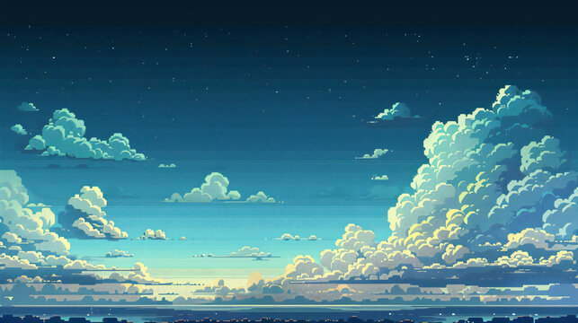 An 8-bit video game backdrop displaying a serene pixelated evening sky complete with cumulus clouds and a fading horizon