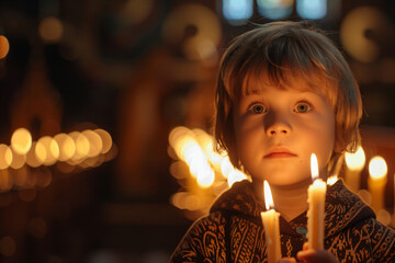 Little boy holding burning candle on church. Child lights a candle in a chapel. Happy Easter, Christmas. Ascension Day, Trinity Sunday