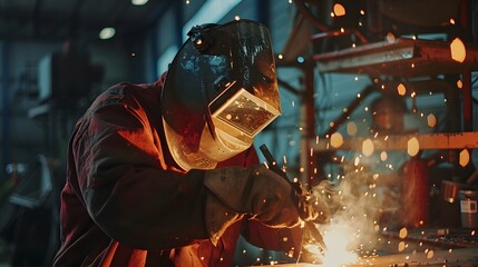 Welder welding metal with argon arc welding machine and has welding sparks. A man wears welding mask and protective gloves. Safety in industrial workplace. Welder working with safety.